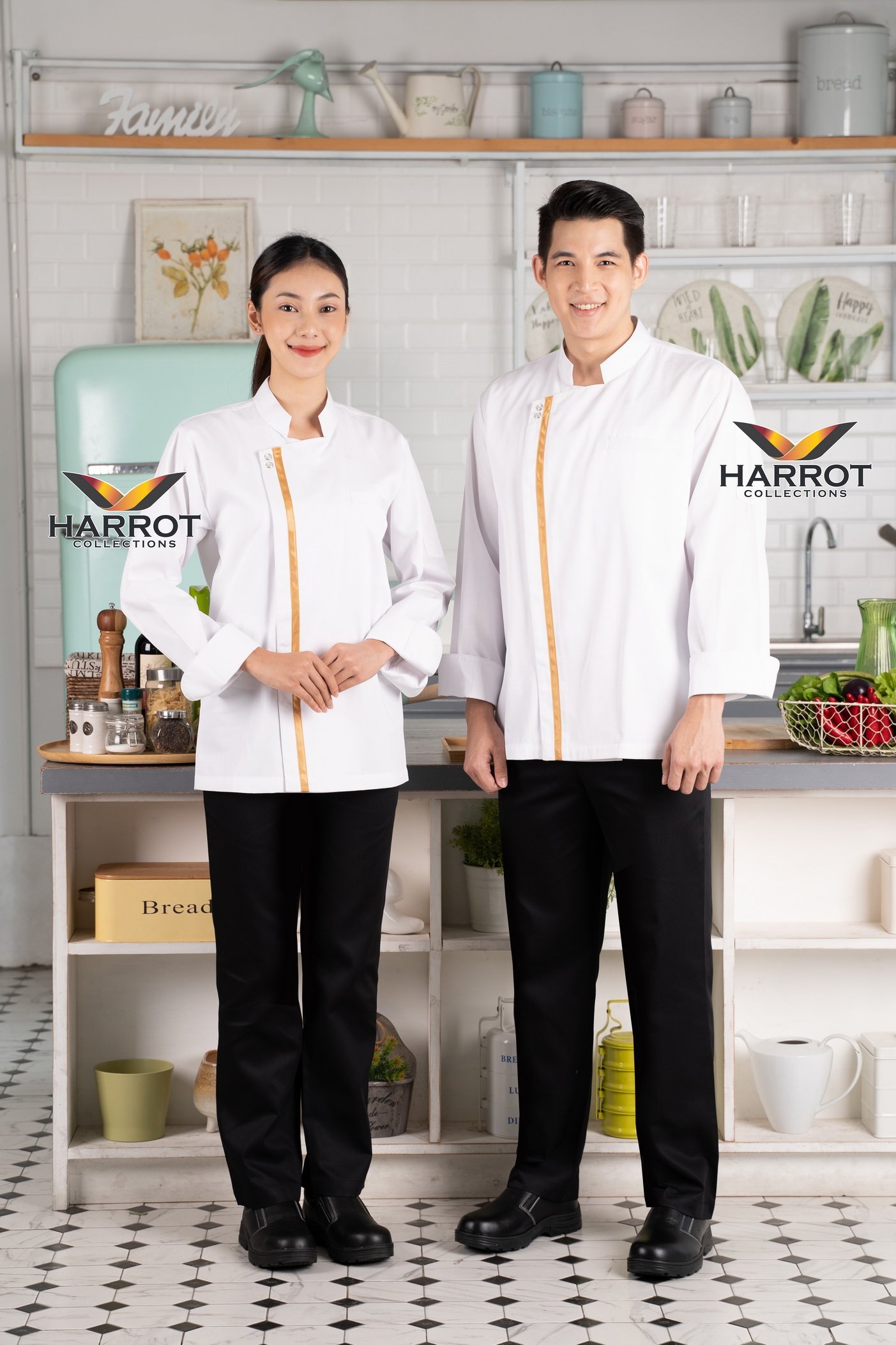 เสื้อเชฟ แขนยาว กุ๊นทอง กระดุมแป๊ก