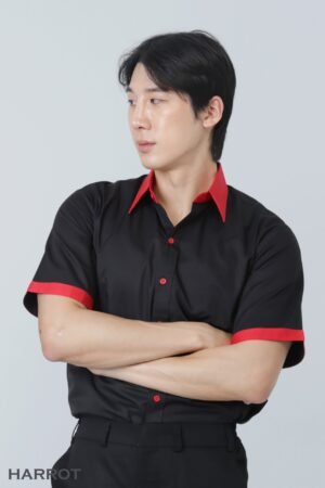 เสื้อพนักงานเสิร์ฟ สีดำปกคอแดง