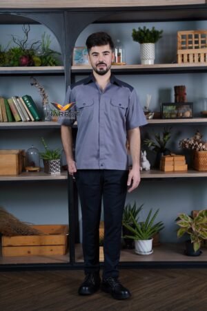 เสื้อช๊อป แขนสั้น เทาแต่งเทาเข้ม