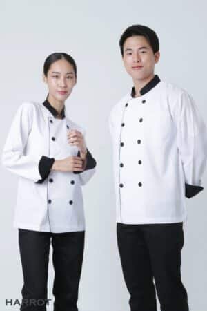 เสื้อเชฟแขนยาว ปกดำ กุ๊นดำ